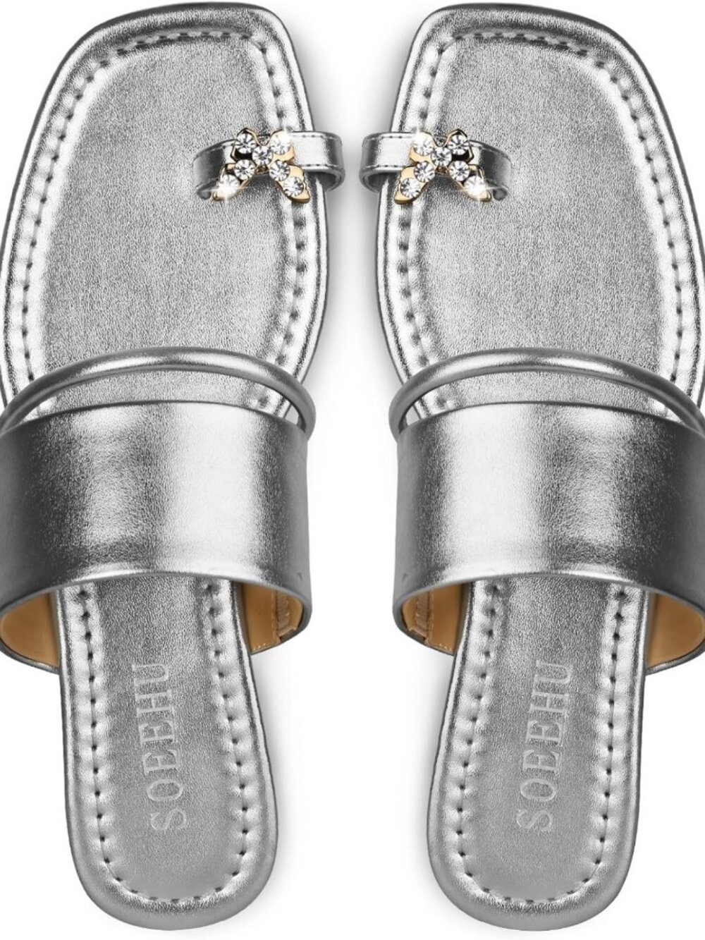 Women's Toe Loop Flat Sandals Squared Slide Shoes